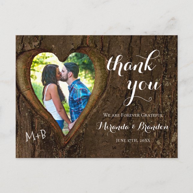 Carte Postale Rustic Wood Heart Photo Mariage Merci (Devant)