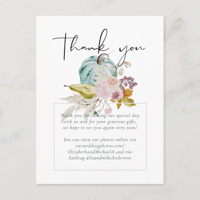 Carte Postale Rustique automne Citrouille Figs Fleurs Mariage (Devant)