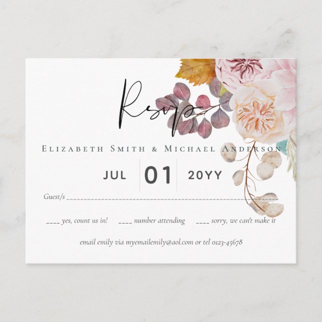 Carte Postale Rustique automne Citrouille Figs Fleurs Mariage (Devant)