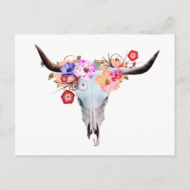 Carte Postale Rustique Boho Floral Longhorn Crâne (Devant)