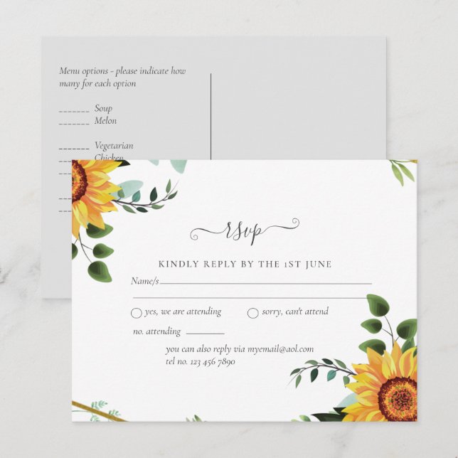 Carte Postale Rustique BOHO Tournesols Verdure Mariage RSVP (Devant / Derrière)