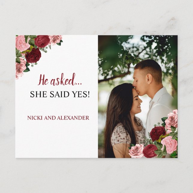 Carte Postale Rustique Bourgogne Blush Floral Mariage Date de sa (Devant)