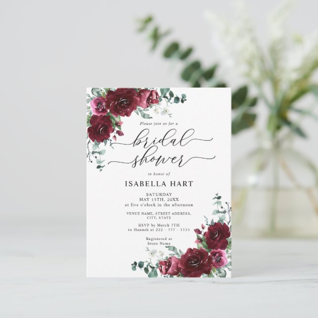 Carte Postale Rustique Bourgogne Floral Douche nuptiale Invitati (Debout devant)