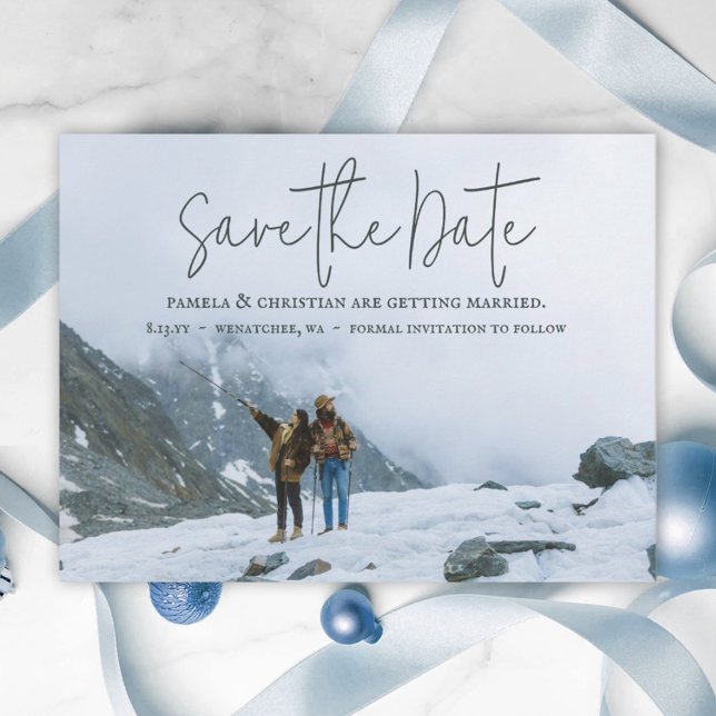 Carte postale Rustique de mariage hivernal Enregis (simple wedding save the date card winter wedding elegant script calligraphy minimalistic photo card)