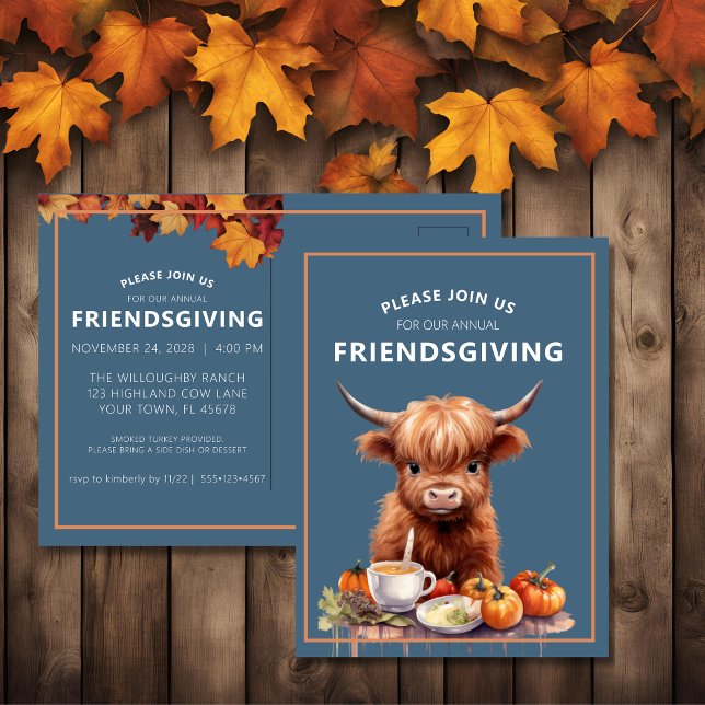 Carte postale Rustique Highland Cow Friendsgiving  (Créateur téléchargé)
