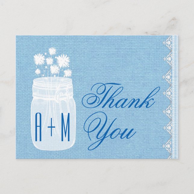 Carte Postale Rustique Mason Jar et Fleurs Merci Bleu A29 (Devant)