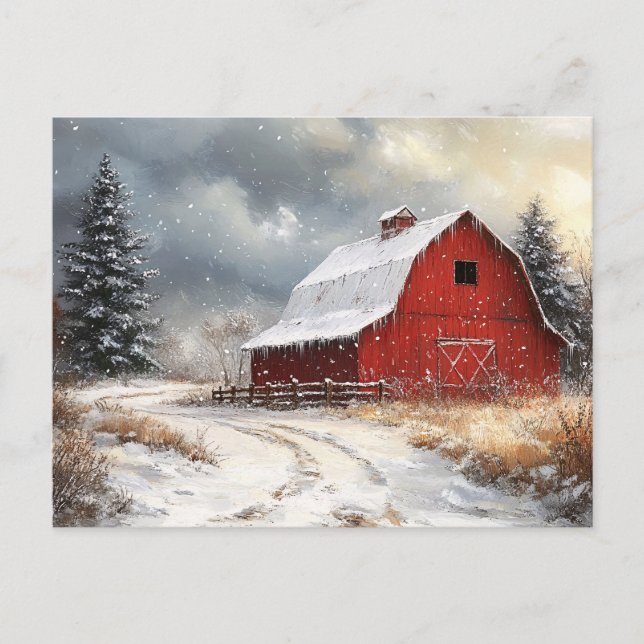 Carte Postale Rustique Red Grange Winter Pittoresque Art (Devant)
