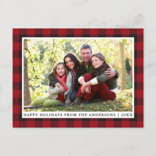 Carte Postale Rustique Rouge Plaid Famille Photo Joyeuses Fêtes