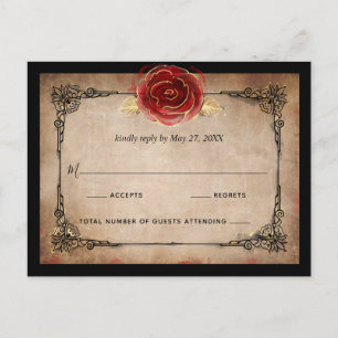 Carte Postale Rustique Rouge Rose Or Noir Mariage élégant RSVP