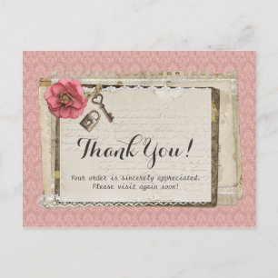 Carte Postale Rustique Shabby Chic Rose Damassé Victorien Merci