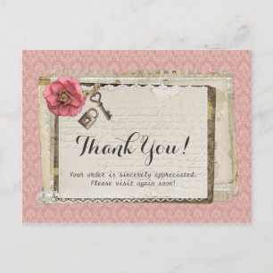 Carte Postale Rustique Shabby Chic rose Victorien Damask Merci