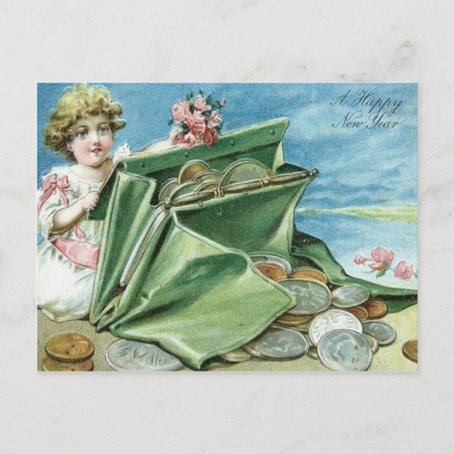 Carte Postale Sac À Main Fille Argent Pièces Rose (Devant)