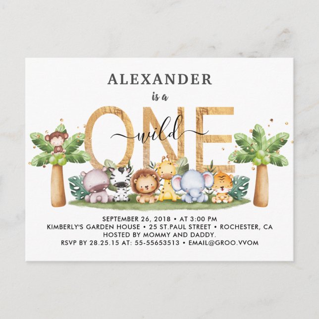 Carte Postale Safari Animaux sauvages Un 1er anniversaire Invita (Devant)