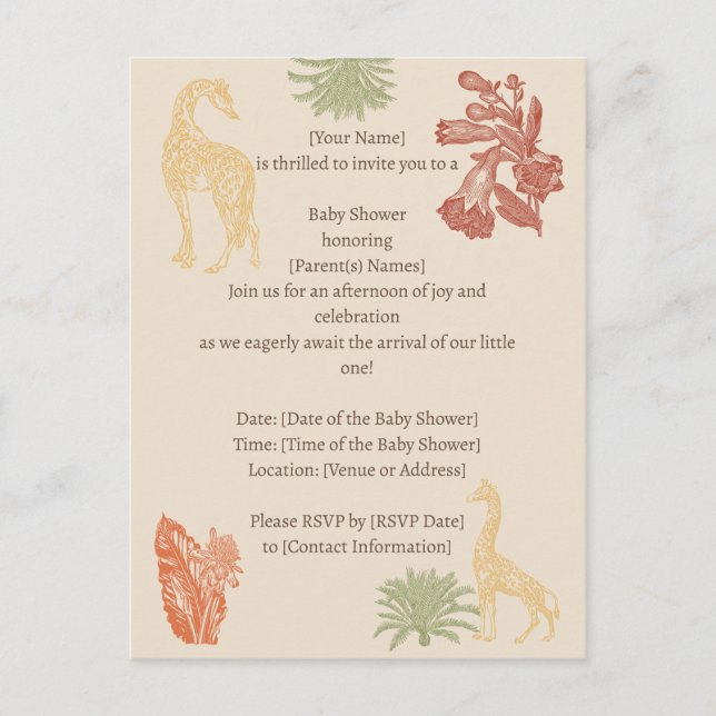 Carte Postale Safari Giraffe & Palm Baby shower Feuille (Devant)