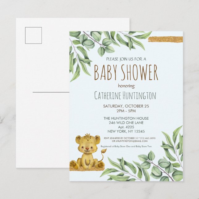 Carte Postale Safari Jungle Lion Baby shower moderne Invitation (Devant / Derrière)