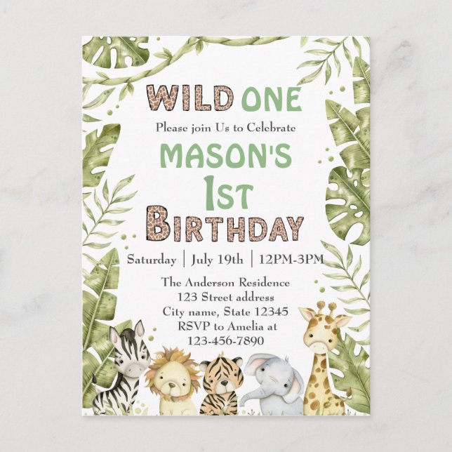Carte Postale Safari Wild One Aquarelle 1er Anniversaire (Devant)