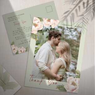 Carte Postale Sage & Blush Peony Floral Photo Wedding Thank You 