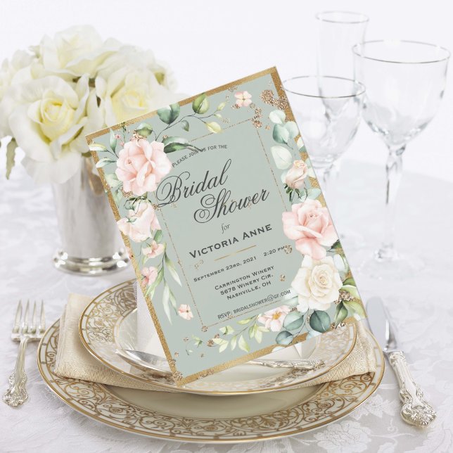 Carte Postale Sage Green Gold Aquarelle Fleurs Fête de Mariage (Créateur téléchargé)