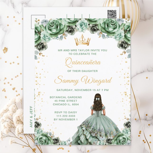 Carte Postale Sage Green Princesse Florale Quinceañera (Créateur téléchargé)