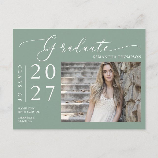 Carte Postale Sage Green Script Graduate Faire-part photo (Devant)