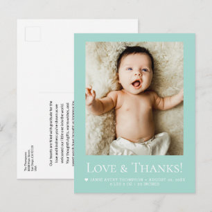 Carte Postale Sage sarcelle Photo Bébé Amour & remerciements Mod
