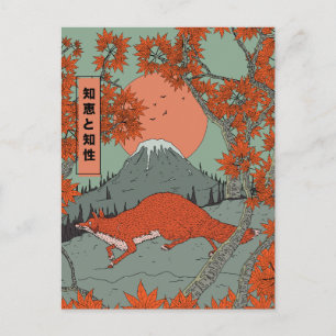 Carte Postale Sagesse et intelligence art de renard japonais vin