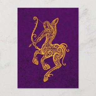 Carte Postale Sagittaire jaune complexe Zodiaque sur violet