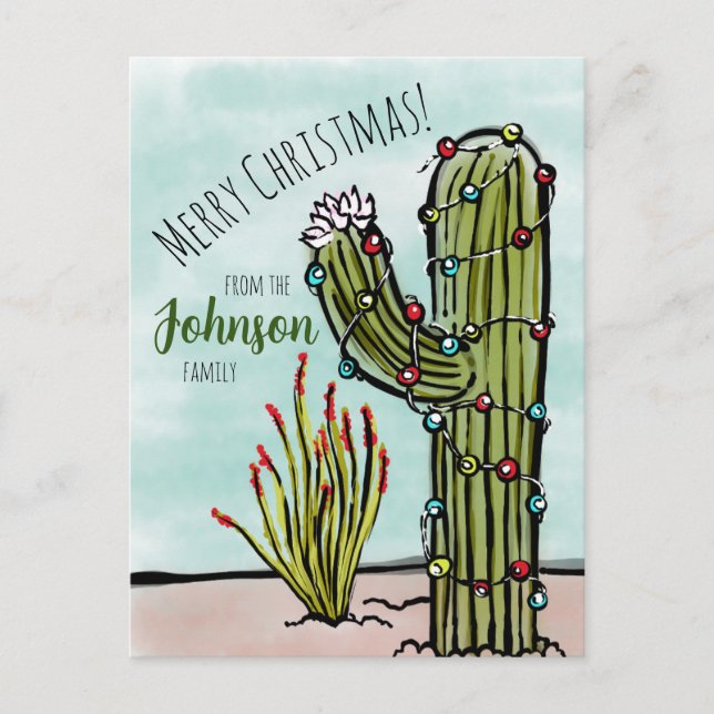 Carte Postale Saguaro Cactus avec lumières de Noël (Devant)