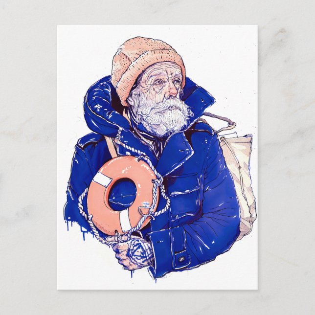 Carte Postale Sailor Holding Lifebuoy Wearing Orange Knit Cap (Devant)