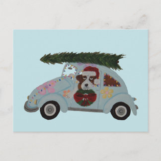 Carte Postale Saint Bernard dans une voiture Hippie à Noël