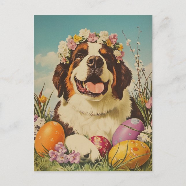Carte Postale Saint Bernard Vintage Pâques (Devant)