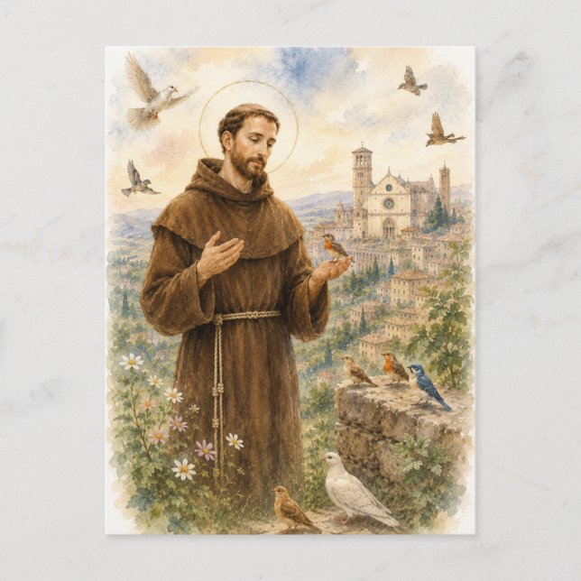 Carte Postale Saint François d'Assise oiseaux aquarelle (Devant)