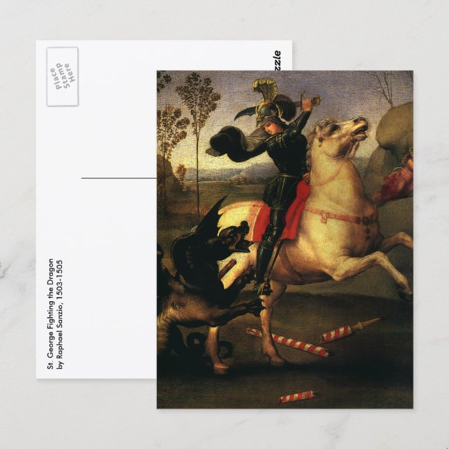 Carte Postale Saint Georges combattant le Dragon de Raphaël Sanz (Devant / Derrière)