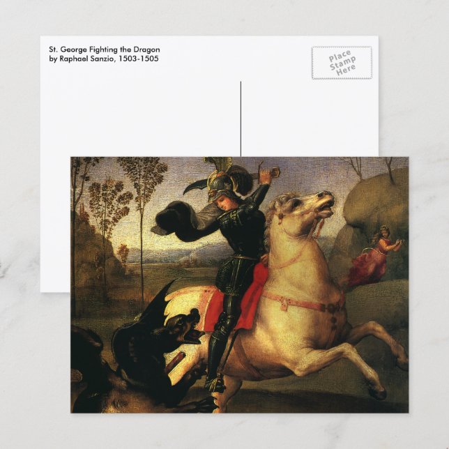 Carte Postale Saint Georges combattant le dragon de Raphaël Sanz (Devant / Derrière)