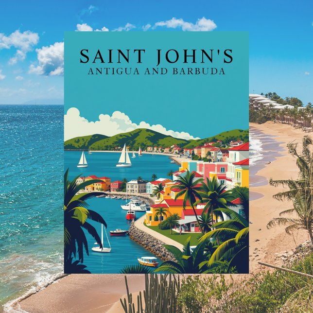 Carte Postale Saint John’s, Antigua-et-Barbuda Retro Travel Art (Saint Johns, Antigua and Barbuda Travel Postcard)