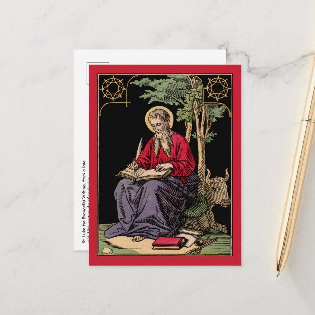 Carte Postale Saint Luc l'Évangéliste écrivant (Devant/Arrière en situation)