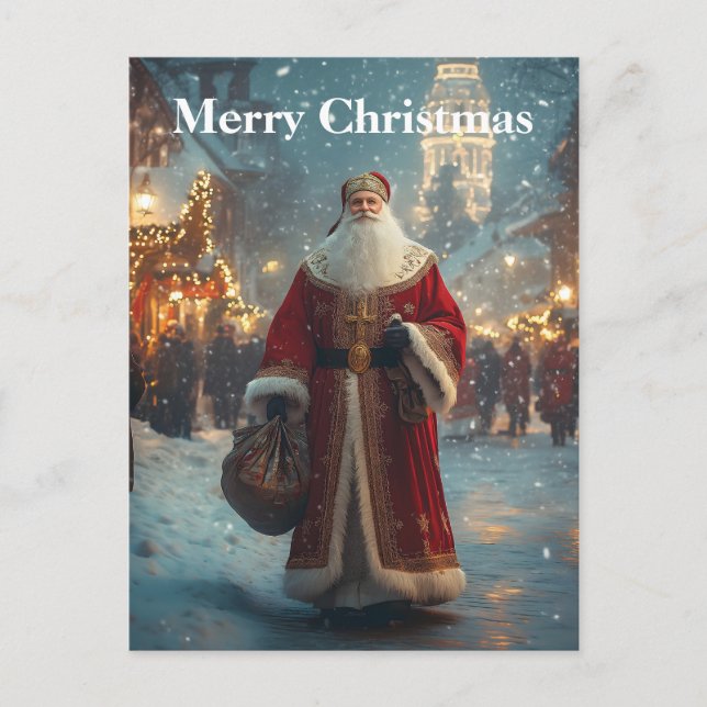 Carte Postale Saint Nicolas dans un village de neige festif (Devant)