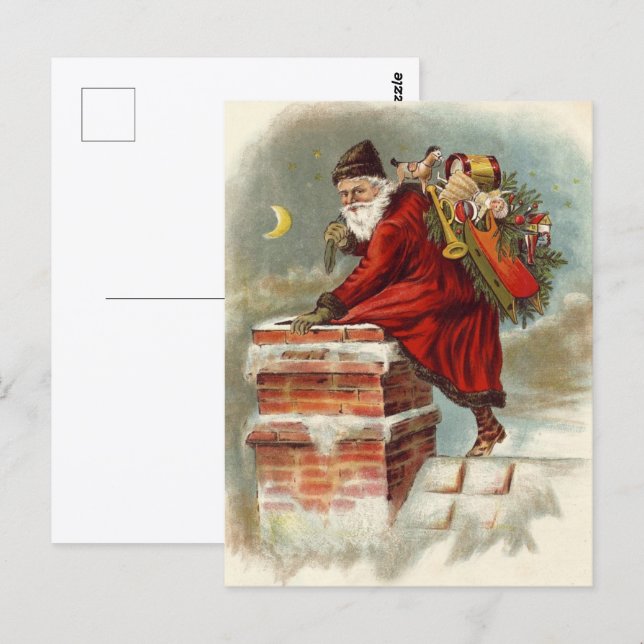 Carte Postale Saint Nicolas victorien de Noël sur le toit (Devant / Derrière)