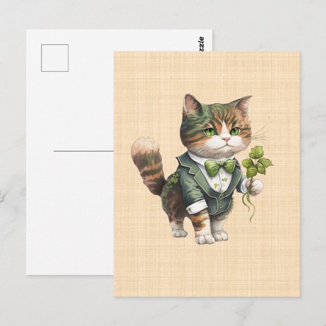 Carte Postale Saint Patrick : Chat chanceux en costume  (Devant / Derrière)