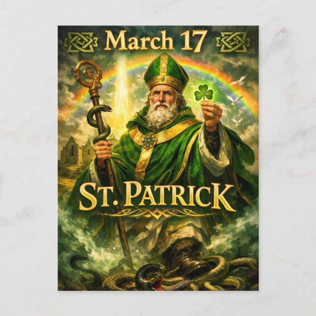 Carte Postale Saint Patrick majestueux avec arc-en-ciel et serpe (Devant)