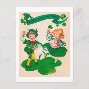 Carte Postale Saint Patrick's Day Boy & Girl, Vintage