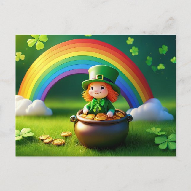 Carte Postale Saint Patrick's Day Leprechaun en Pot d'Or (Devant)