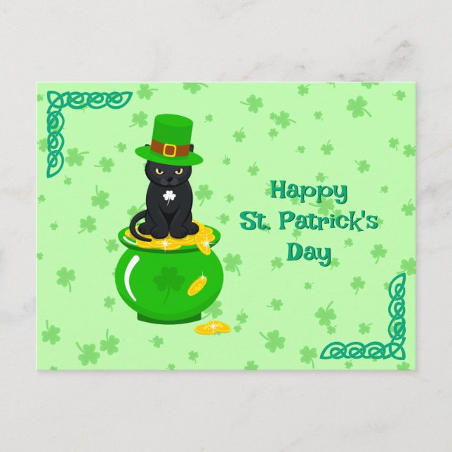 Carte Postale Saint Patrick's Day Shamrock Pot of Gold Black Cat (Devant)