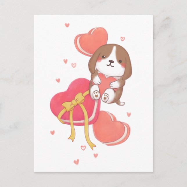 Carte Postale Saint Valentin : Beagle & Macarons (Devant)