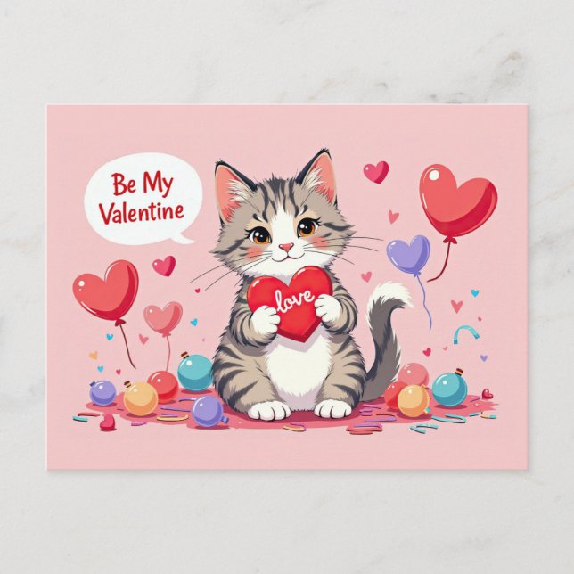 Carte Postale Saint-Valentin Joli Chat Cœurs Sois Mon Valentin (Devant)