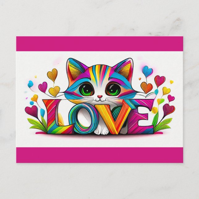 Carte Postale Saint-Valentin Mignon Chat Arc-en-ciel Amour Cœurs (Devant)