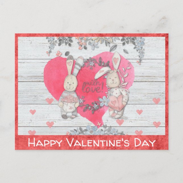 Carte Postale Saint-Valentin Mignon Lapin Rustique (Devant)