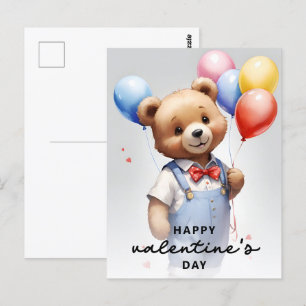 Carte Postale Saint-Valentin Mignonne Ours Aquarelle Avec Balloo