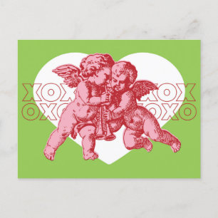 Carte postale. Saint-Valentin, rose et vert.