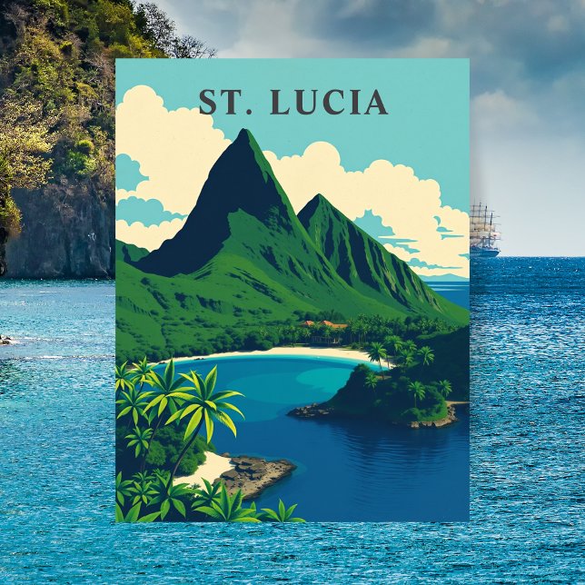 Carte Postale Sainte-Lucie Caraïbes Art de Voyage rétro (St. Lucia Caribbean Retro Travel Art Postcard)